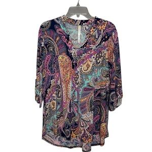 Dressing Gaudy Paisley Blouse Boho Stretch Top Multicolor V Neck M